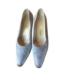 Salvatore Ferragamo Satin Leather‎ Pumps Translucent Heel Pewter Sz 9 Vintage